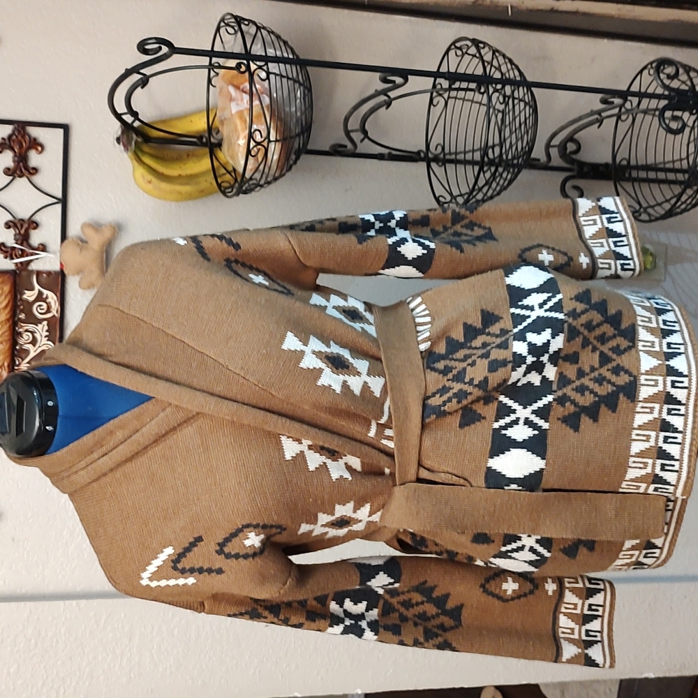 Stetson Tan and White Aztec Belted Sweater Cardigan